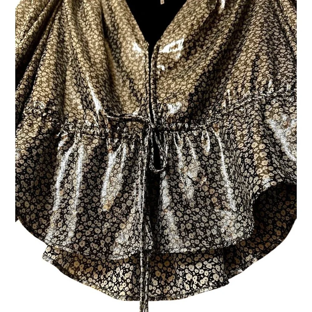 Free People XS Talk‎ That Talk Metallic Silver Floral Puff Sleeve Ruffle Top